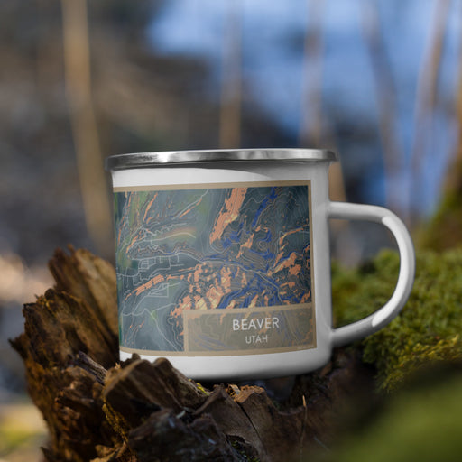 Right View Custom Beaver Utah Map Enamel Mug in Afternoon on Grass With Trees in Background