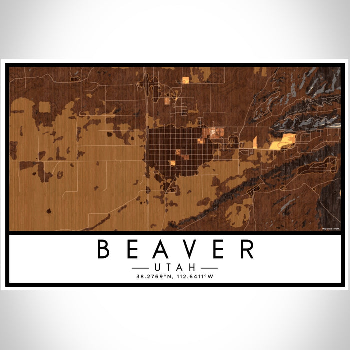 Beaver Utah Map Print Landscape Orientation in Ember Style With Shaded Background
