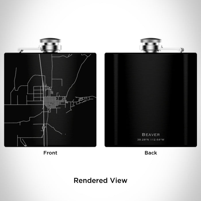 Rendered View of Beaver Utah Map Engraving on 6oz Stainless Steel Flask in Black