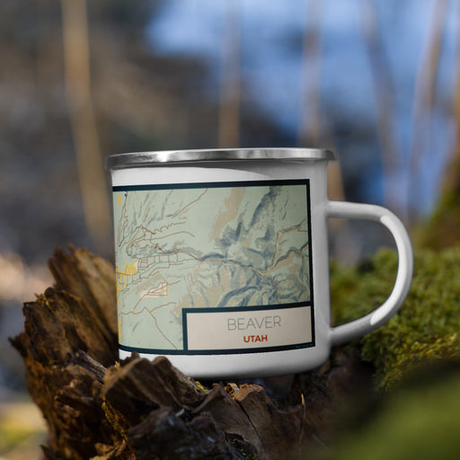 Right View Custom Beaver Utah Map Enamel Mug in Woodblock on Grass With Trees in Background