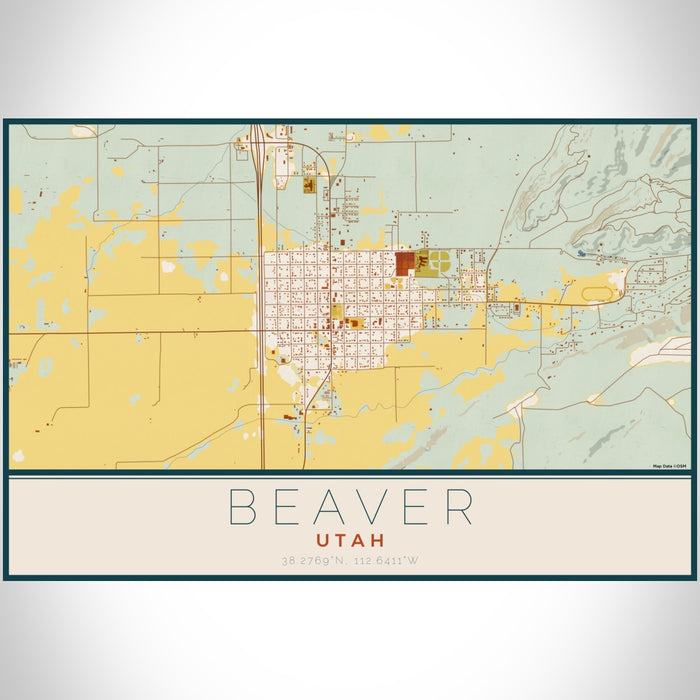 Beaver Utah Map Print Landscape Orientation in Woodblock Style With Shaded Background