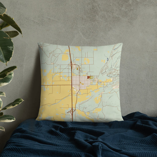 Custom Beaver Utah Map Throw Pillow in Woodblock on Bedding Against Wall