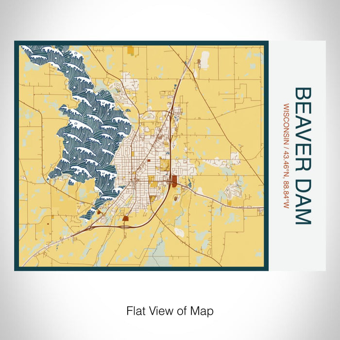 Rendered View of Beaver Dam Wisconsin Map on 20oz Stainless Steel Insulated Bottle with Bamboo Top with printed woodblock style map
