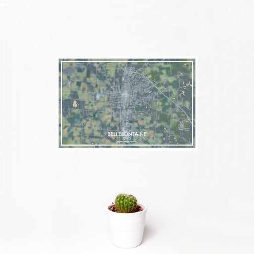 12x18 Bellefontaine Ohio Map Print Landscape Orientation in Afternoon Style With Small Cactus Plant in White Planter