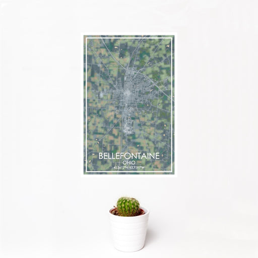 12x18 Bellefontaine Ohio Map Print Portrait Orientation in Afternoon Style With Small Cactus Plant in White Planter