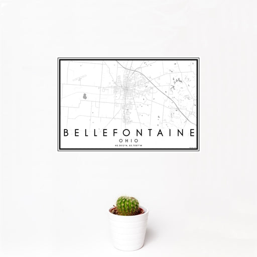 12x18 Bellefontaine Ohio Map Print Landscape Orientation in Classic Style With Small Cactus Plant in White Planter