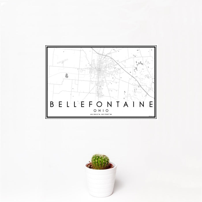 12x18 Bellefontaine Ohio Map Print Landscape Orientation in Classic Style With Small Cactus Plant in White Planter