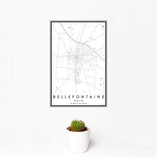 12x18 Bellefontaine Ohio Map Print Portrait Orientation in Classic Style With Small Cactus Plant in White Planter