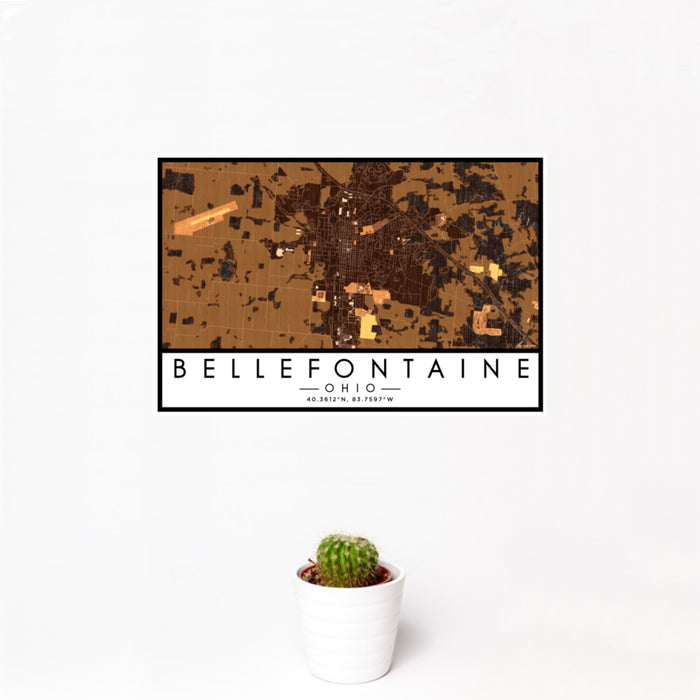 12x18 Bellefontaine Ohio Map Print Landscape Orientation in Ember Style With Small Cactus Plant in White Planter