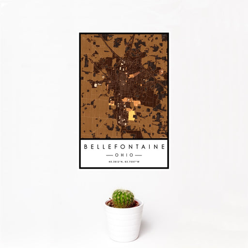 12x18 Bellefontaine Ohio Map Print Portrait Orientation in Ember Style With Small Cactus Plant in White Planter