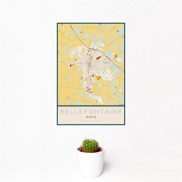 12x18 Bellefontaine Ohio Map Print Portrait Orientation in Woodblock Style With Small Cactus Plant in White Planter