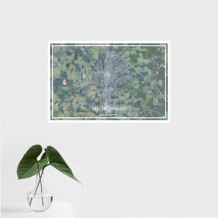 16x24 Bellefontaine Ohio Map Print Landscape Orientation in Afternoon Style With Tropical Plant Leaves in Water