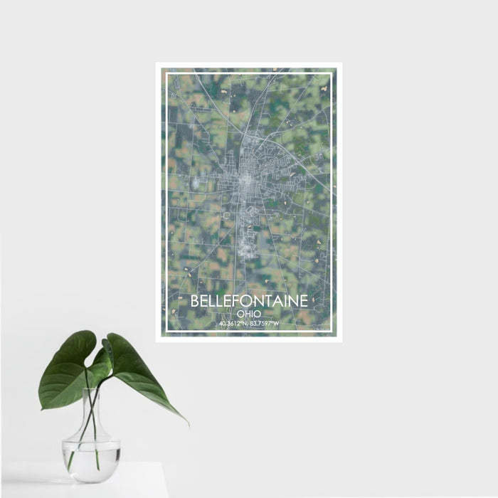 16x24 Bellefontaine Ohio Map Print Portrait Orientation in Afternoon Style With Tropical Plant Leaves in Water