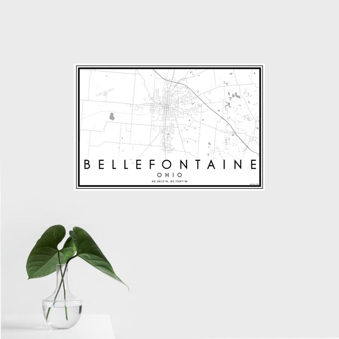 16x24 Bellefontaine Ohio Map Print Landscape Orientation in Classic Style With Tropical Plant Leaves in Water