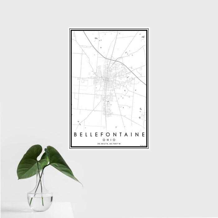 16x24 Bellefontaine Ohio Map Print Portrait Orientation in Classic Style With Tropical Plant Leaves in Water