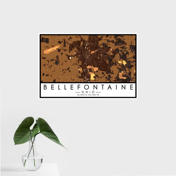 16x24 Bellefontaine Ohio Map Print Landscape Orientation in Ember Style With Tropical Plant Leaves in Water