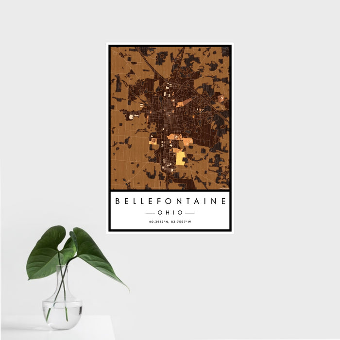 16x24 Bellefontaine Ohio Map Print Portrait Orientation in Ember Style With Tropical Plant Leaves in Water