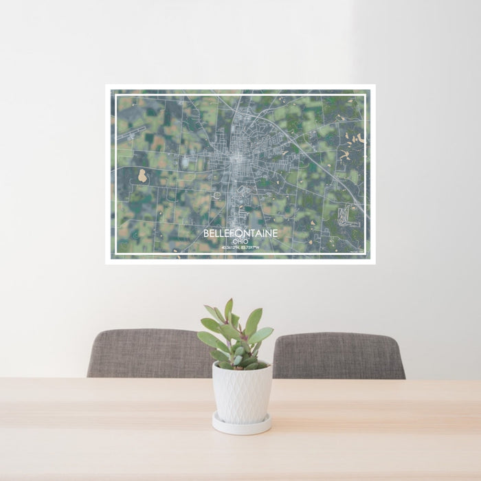 24x36 Bellefontaine Ohio Map Print Lanscape Orientation in Afternoon Style Behind 2 Chairs Table and Potted Plant