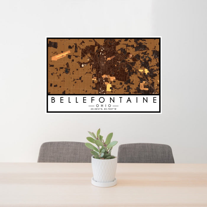 24x36 Bellefontaine Ohio Map Print Lanscape Orientation in Ember Style Behind 2 Chairs Table and Potted Plant