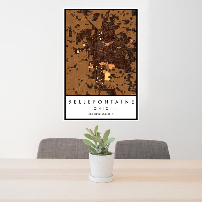 24x36 Bellefontaine Ohio Map Print Portrait Orientation in Ember Style Behind 2 Chairs Table and Potted Plant
