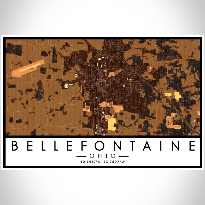 Bellefontaine Ohio Map Print Landscape Orientation in Ember Style With Shaded Background