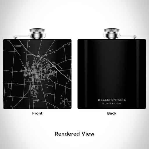 Rendered View of Bellefontaine Ohio Map Engraving on 6oz Stainless Steel Flask in Black
