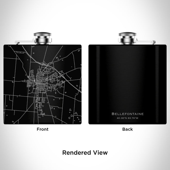 Rendered View of Bellefontaine Ohio Map Engraving on 6oz Stainless Steel Flask in Black