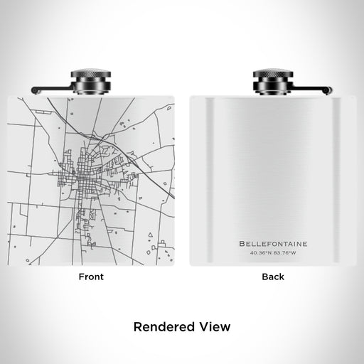 Rendered View of Bellefontaine Ohio Map Engraving on 6oz Stainless Steel Flask in White