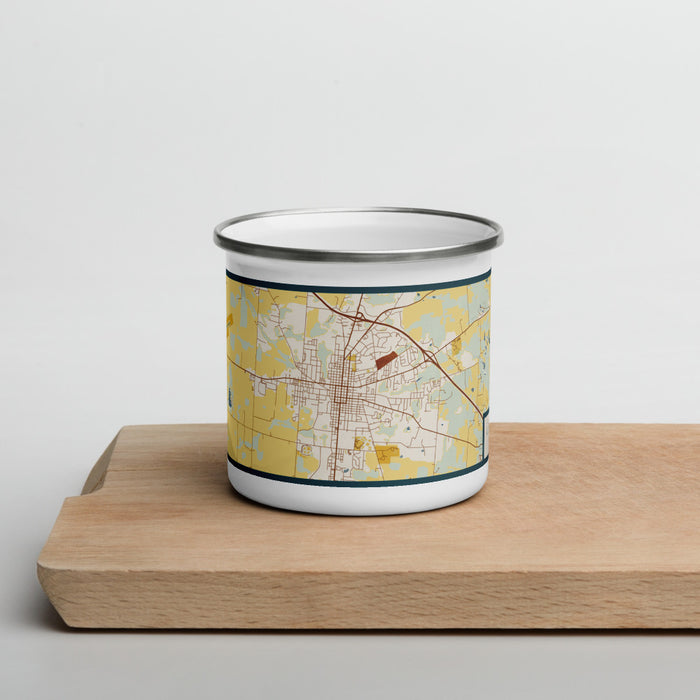 Front View Custom Bellefontaine Ohio Map Enamel Mug in Woodblock on Cutting Board