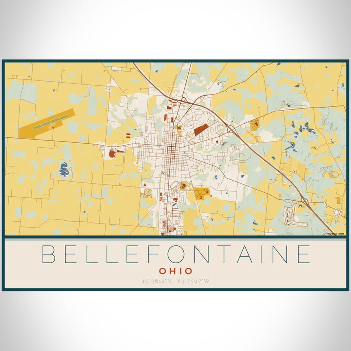 Bellefontaine Ohio Map Print Landscape Orientation in Woodblock Style With Shaded Background