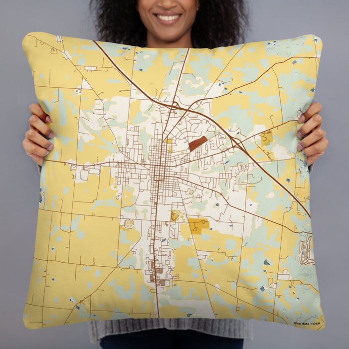 Person holding 22x22 Custom Bellefontaine Ohio Map Throw Pillow in Woodblock
