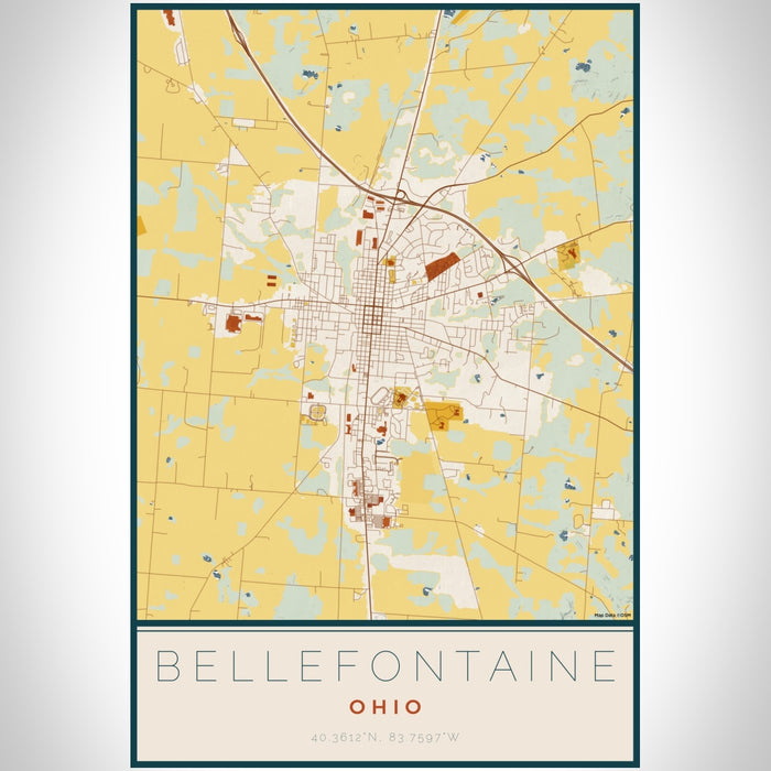 Bellefontaine Ohio Map Print Portrait Orientation in Woodblock Style With Shaded Background