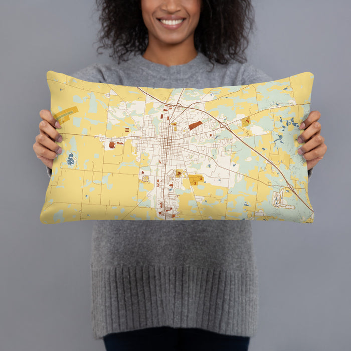 Person holding 20x12 Custom Bellefontaine Ohio Map Throw Pillow in Woodblock