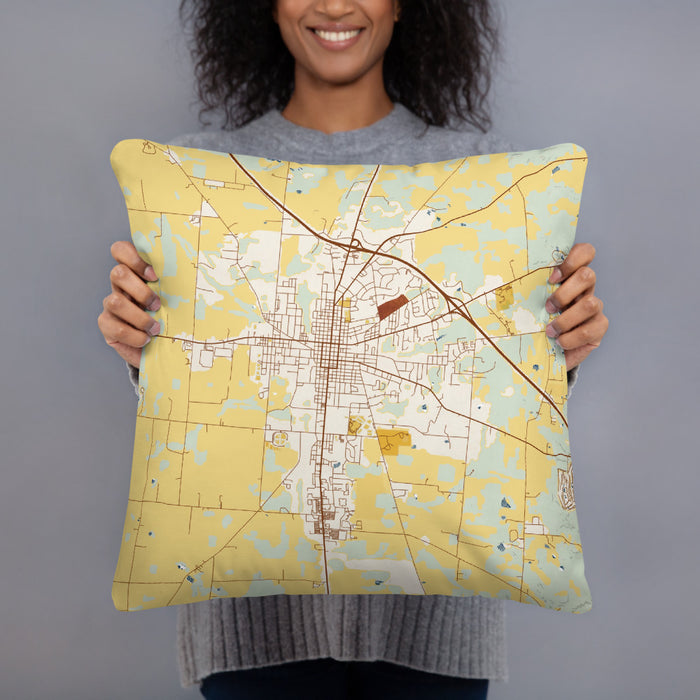 Person holding 18x18 Custom Bellefontaine Ohio Map Throw Pillow in Woodblock