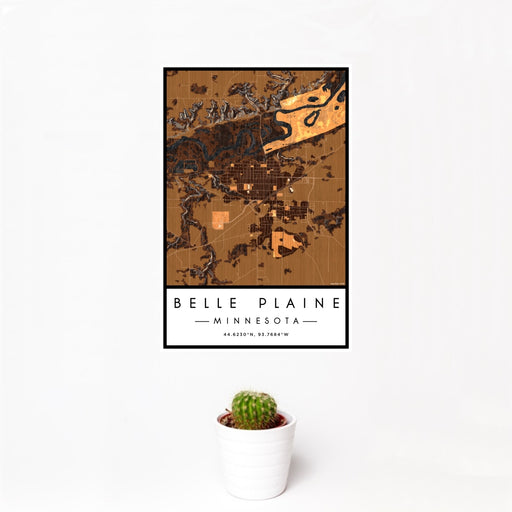 12x18 Belle Plaine Minnesota Map Print Portrait Orientation in Ember Style With Small Cactus Plant in White Planter