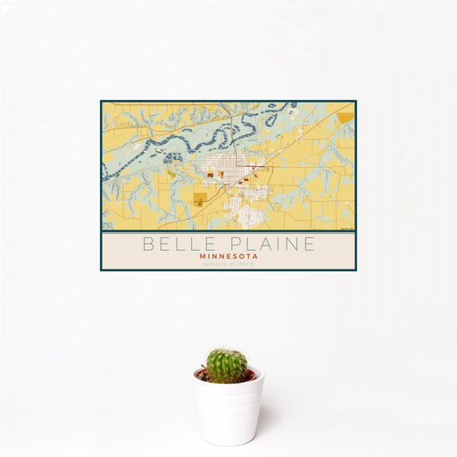 12x18 Belle Plaine Minnesota Map Print Landscape Orientation in Woodblock Style With Small Cactus Plant in White Planter