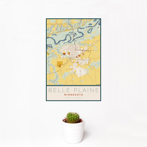 12x18 Belle Plaine Minnesota Map Print Portrait Orientation in Woodblock Style With Small Cactus Plant in White Planter