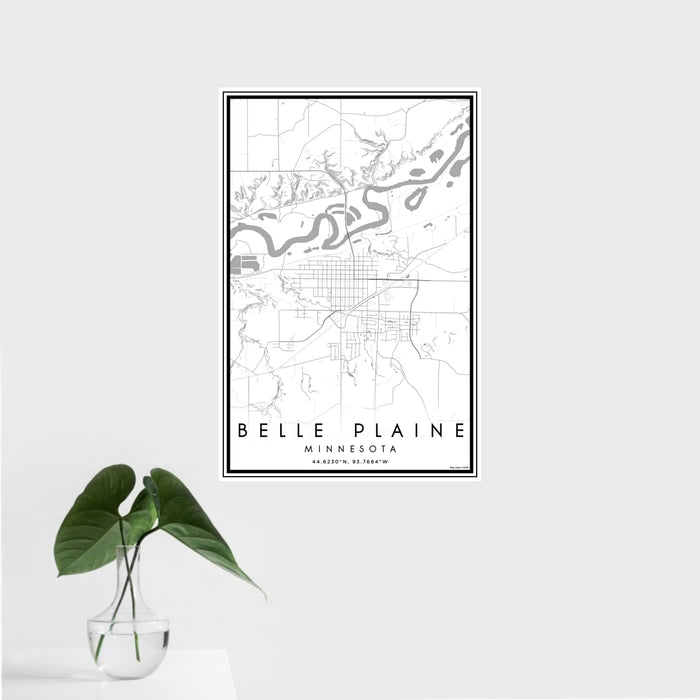 16x24 Belle Plaine Minnesota Map Print Portrait Orientation in Classic Style With Tropical Plant Leaves in Water