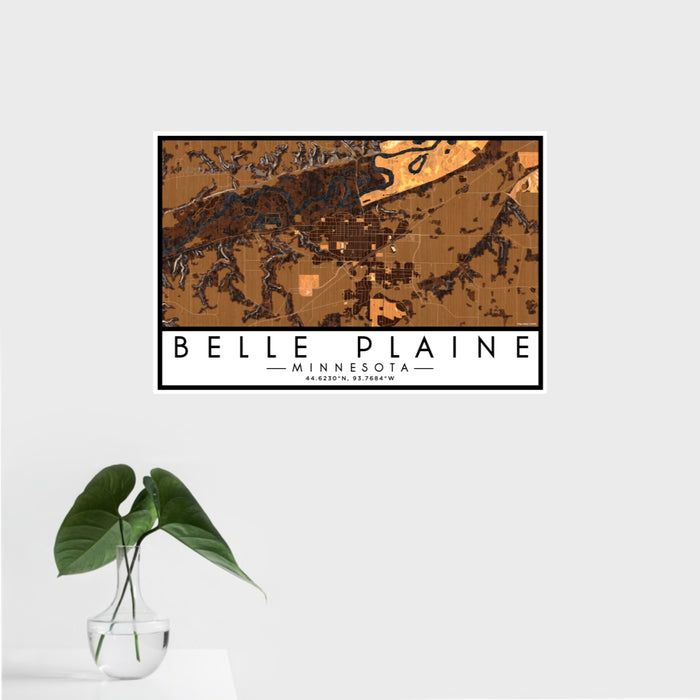 16x24 Belle Plaine Minnesota Map Print Landscape Orientation in Ember Style With Tropical Plant Leaves in Water