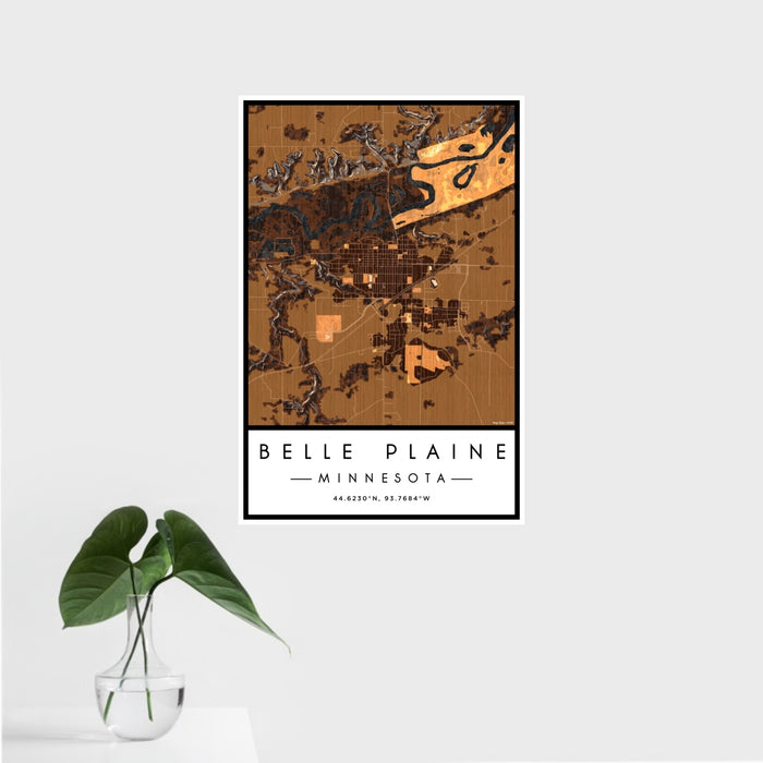 16x24 Belle Plaine Minnesota Map Print Portrait Orientation in Ember Style With Tropical Plant Leaves in Water
