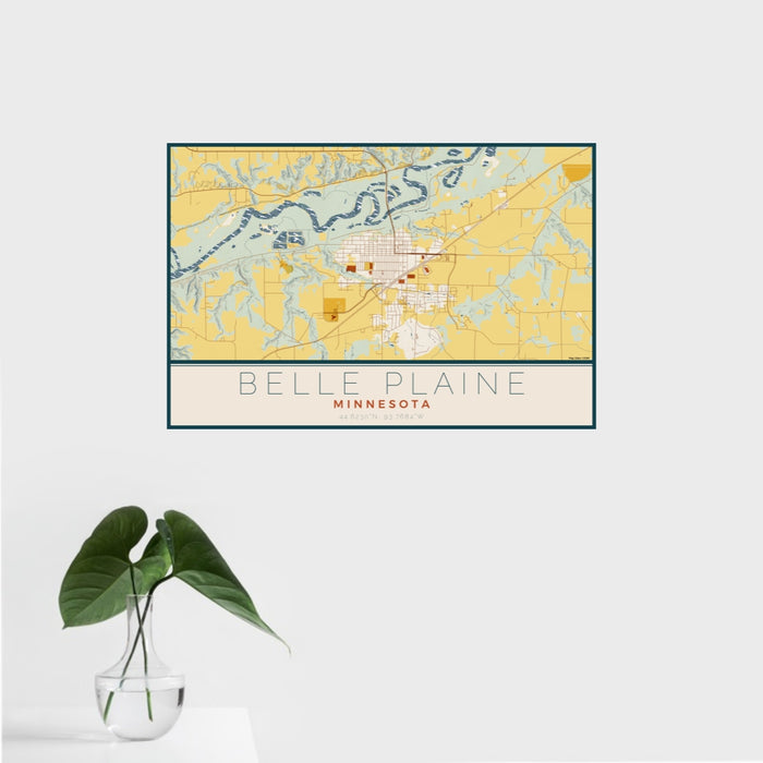 16x24 Belle Plaine Minnesota Map Print Landscape Orientation in Woodblock Style With Tropical Plant Leaves in Water