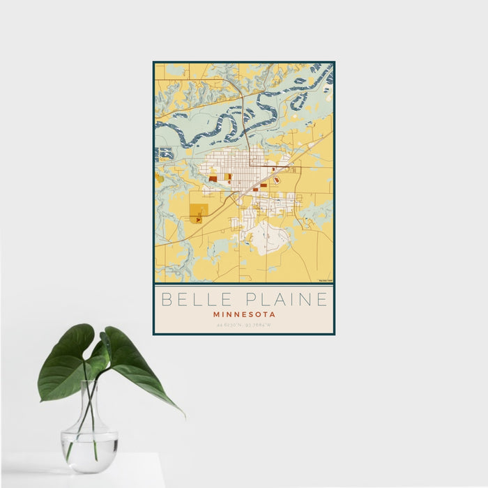 16x24 Belle Plaine Minnesota Map Print Portrait Orientation in Woodblock Style With Tropical Plant Leaves in Water