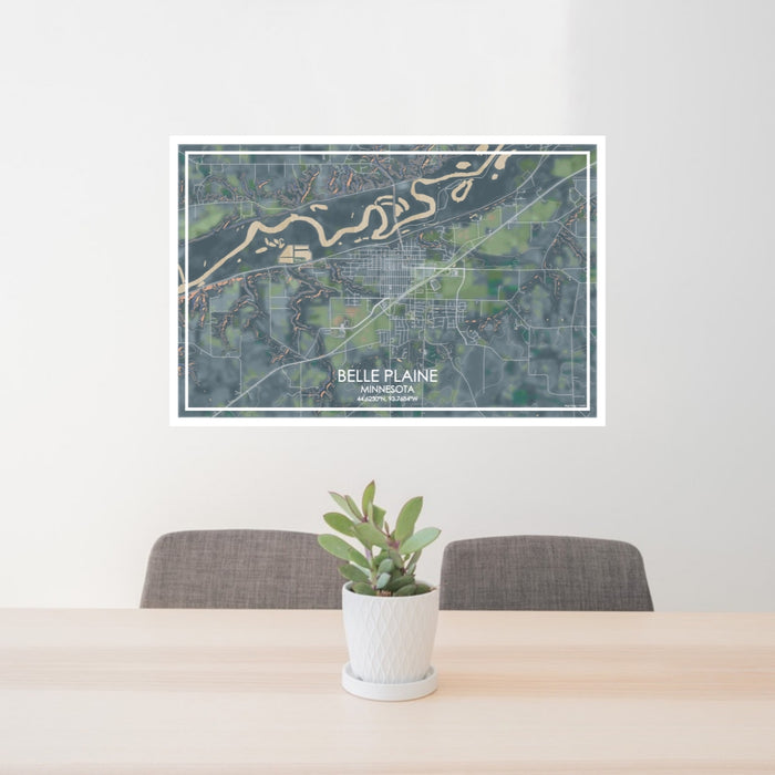 24x36 Belle Plaine Minnesota Map Print Lanscape Orientation in Afternoon Style Behind 2 Chairs Table and Potted Plant