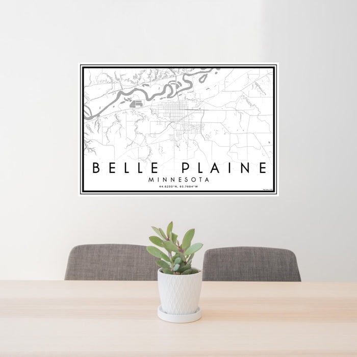 24x36 Belle Plaine Minnesota Map Print Lanscape Orientation in Classic Style Behind 2 Chairs Table and Potted Plant