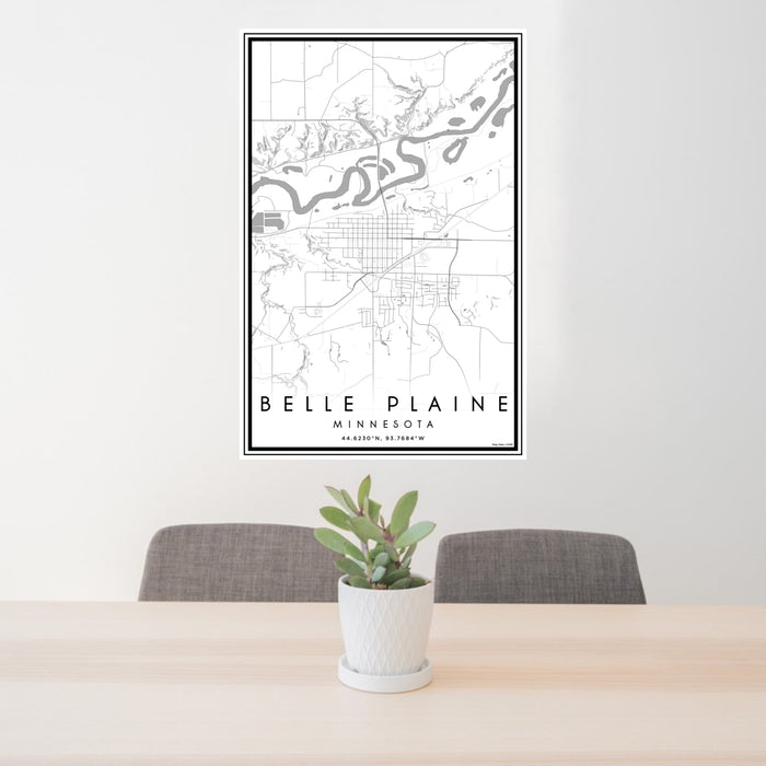 24x36 Belle Plaine Minnesota Map Print Portrait Orientation in Classic Style Behind 2 Chairs Table and Potted Plant