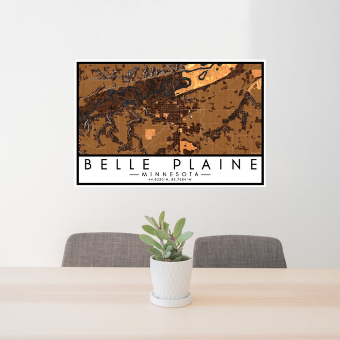 24x36 Belle Plaine Minnesota Map Print Lanscape Orientation in Ember Style Behind 2 Chairs Table and Potted Plant