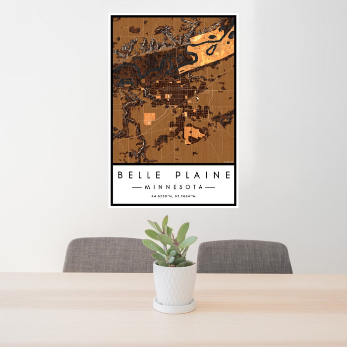 24x36 Belle Plaine Minnesota Map Print Portrait Orientation in Ember Style Behind 2 Chairs Table and Potted Plant