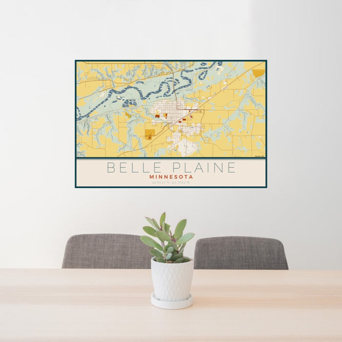 24x36 Belle Plaine Minnesota Map Print Lanscape Orientation in Woodblock Style Behind 2 Chairs Table and Potted Plant