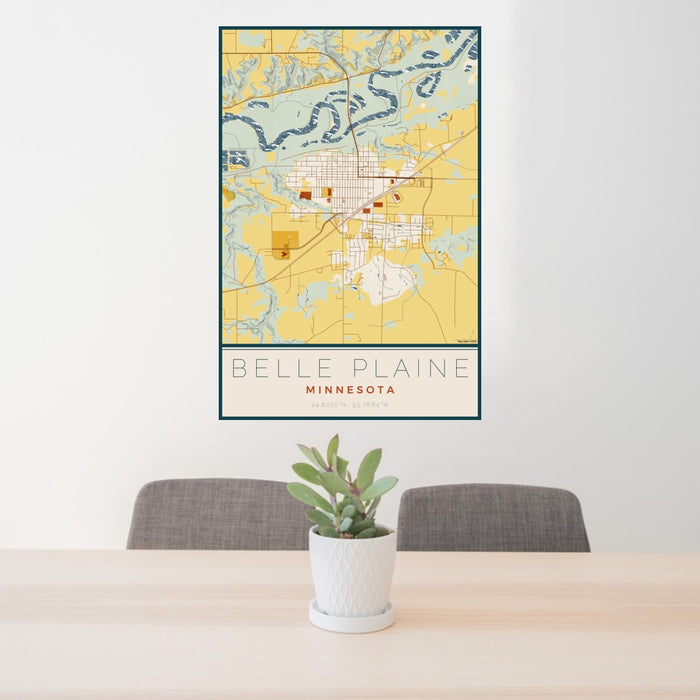 24x36 Belle Plaine Minnesota Map Print Portrait Orientation in Woodblock Style Behind 2 Chairs Table and Potted Plant