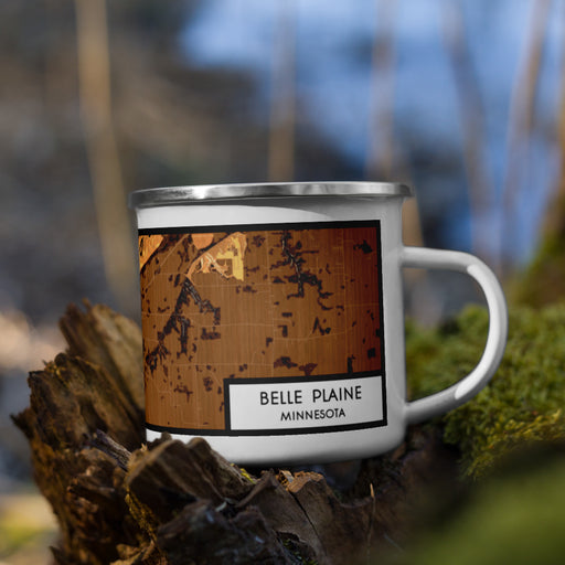 Right View Custom Belle Plaine Minnesota Map Enamel Mug in Ember on Grass With Trees in Background